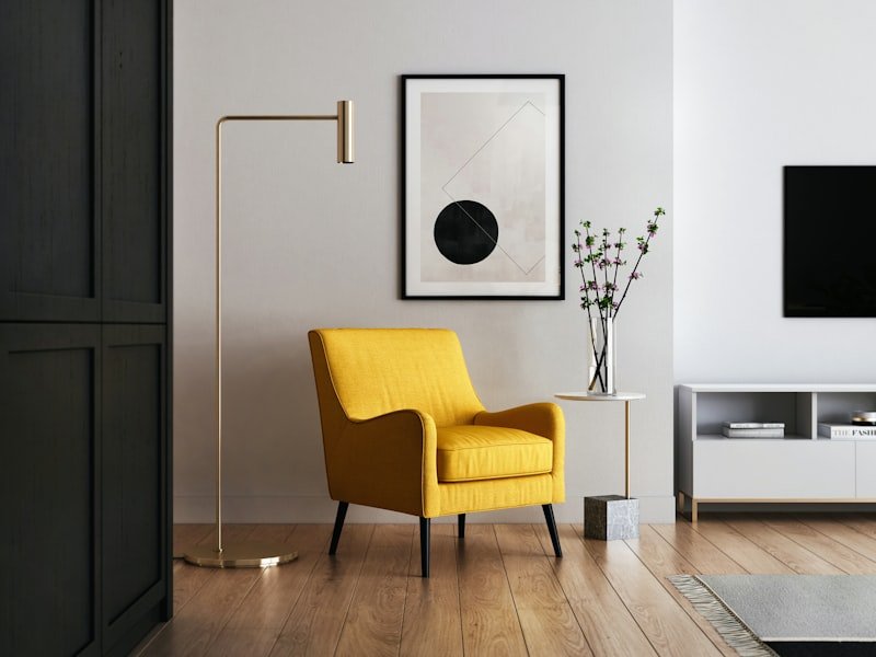 Open-concept main floor with art wall and accent seating